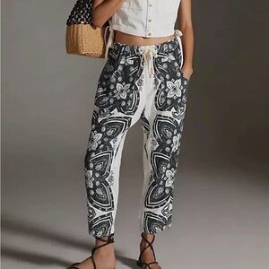 Anthropologie PILCRO XS Linen Surf Pants Black White Tattoo Floral The Cottage